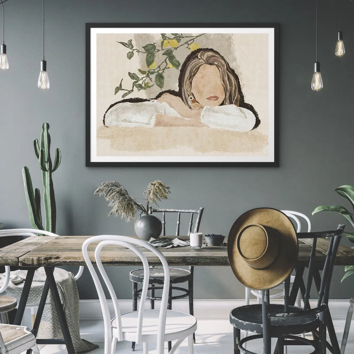 Poster in einem schwarzem Rahmen - Die Figur einer Frau vor dem Hintergrund eines Zitronenbaums - 70x50cm - Südländische Schönheit - Moderne Wanddekoration für Wohnzimmer und Schlafzimmer ARTTOR