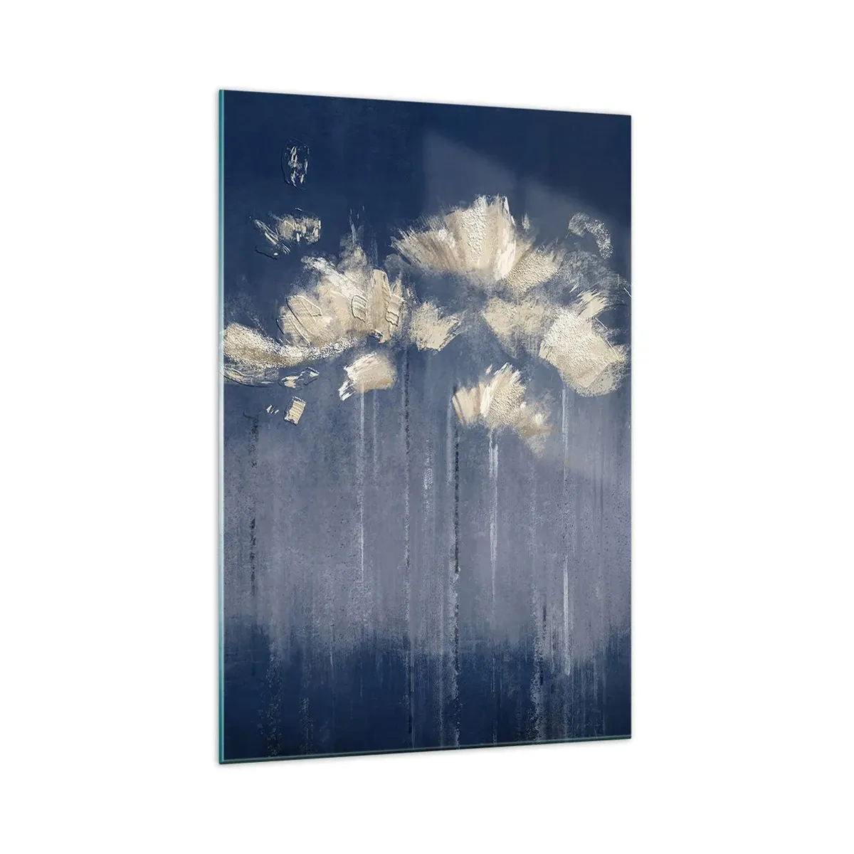 Glasbild - Bild auf glas - Zarte Blüten auf blauem Hintergrund - 70x100cm - Wie Blütenblätter im Wind - Moderne Wanddekoration für Wohnzimmer und Schlafzimmer ARTTOR