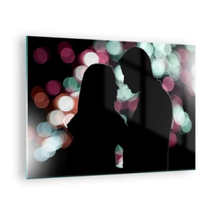 Glasbild - Bild auf glas - Silhouetten eines Paares vor dem Hintergrund bunter Bokeh-Lichter - 70x50cm - Jawohl! - Moderne Wanddekoration für Wohnzimmer und Schlafzimmer ARTTOR