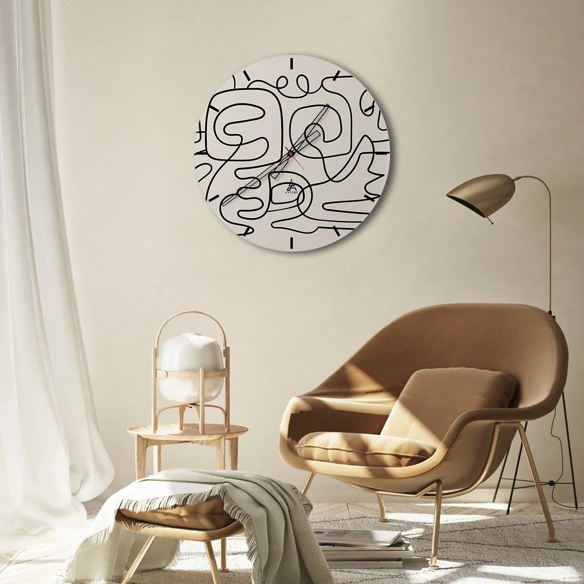Wanduhr - Glasuhr - Abstrakte schwarze Linien auf hellem Hintergrund im modernen Stil - 30x30cm - Folge der Spur - Moderne Wanddekoration für Wohnzimmer, Küche und Schlafzimmer ARTTOR