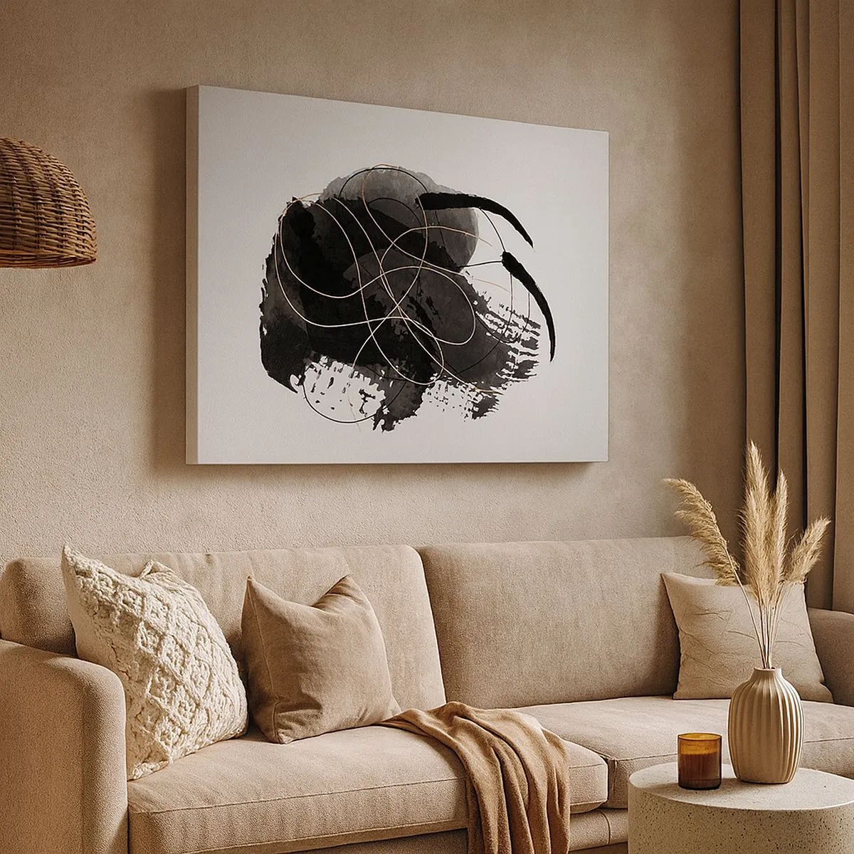 Bild auf Leinwand - Leinwandbild - Abstraktion in Schwarz und Gold auf weißem Hintergrund - 70x50cm - Aus Schwarz entstanden - Moderne Wanddekoration für Wohnzimmer und Schlafzimmer ARTTOR