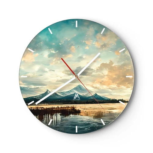 Wanduhr - Glasuhr - Schneebedeckte Berggipfel spiegeln sich in der Oberfläche des Sees - 30x30cm - Unter dem Schutz des Himmels - Moderne Wanddekoration für Wohnzimmer, Küche und Schlafzimmer ARTTOR