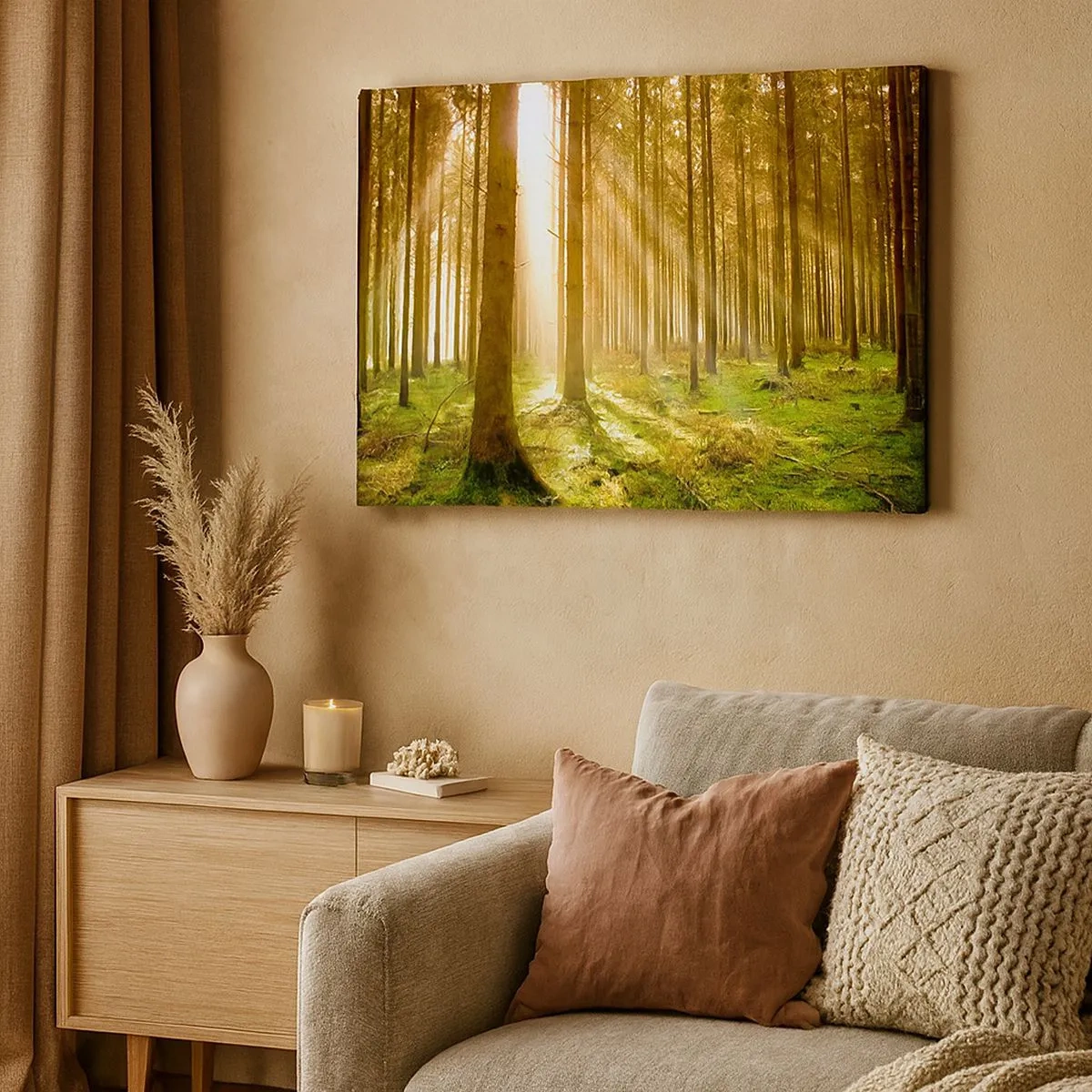 Bild auf Leinwand - Leinwandbild - Nadelwald mit Sonnenstrahlen, die durch die Bäume scheinen - 70x50cm - Die Elfen werden bald erscheinen - Moderne Wanddekoration für Wohnzimmer und Schlafzimmer ARTTOR