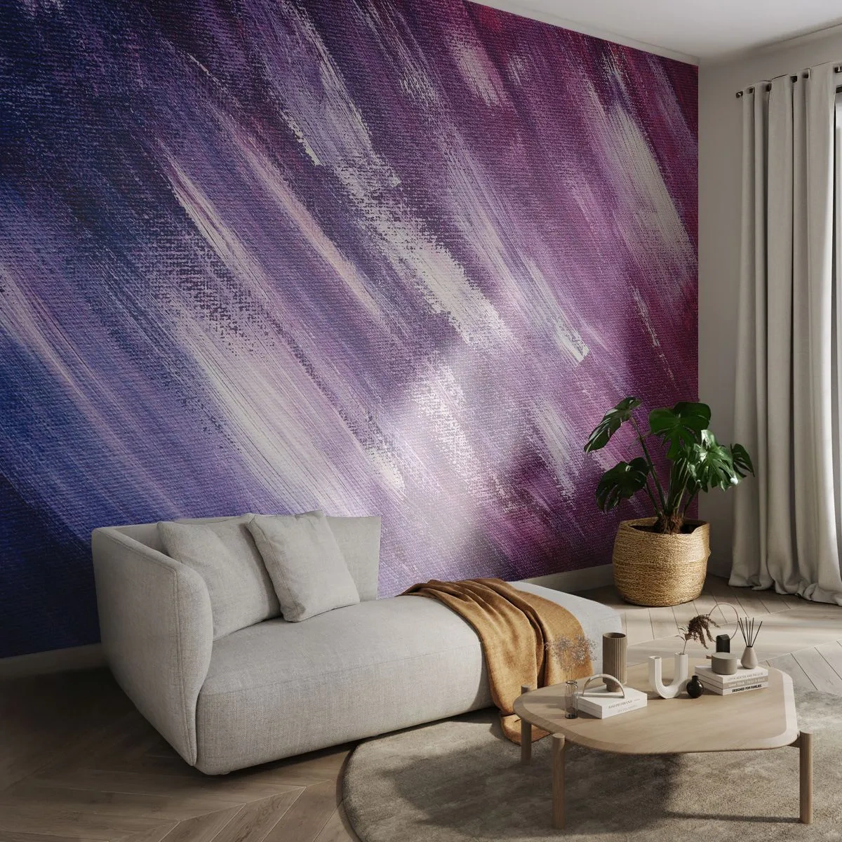 Fototapete Premium Sand - Abstrakte Pinselstriche in Lilatönen - 100x70cm - Wenn der sonnige Wind weht - Moderne Wanddekoration für Wohnzimmer und Schlafzimmer ARTTOR
