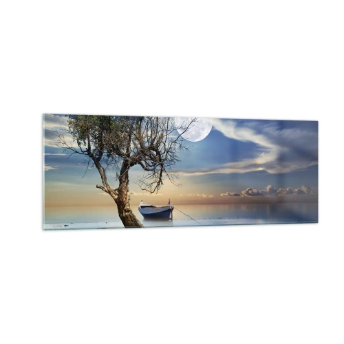 Glasbild - Bild auf glas - Ein einsamer Baum und ein Boot auf ruhigem Wasser unter Vollmond. - 140x50cm - Ist das das Ende oder der Anfang? - Moderne Wanddekoration für Wohnzimmer und Schlafzimmer ARTTOR