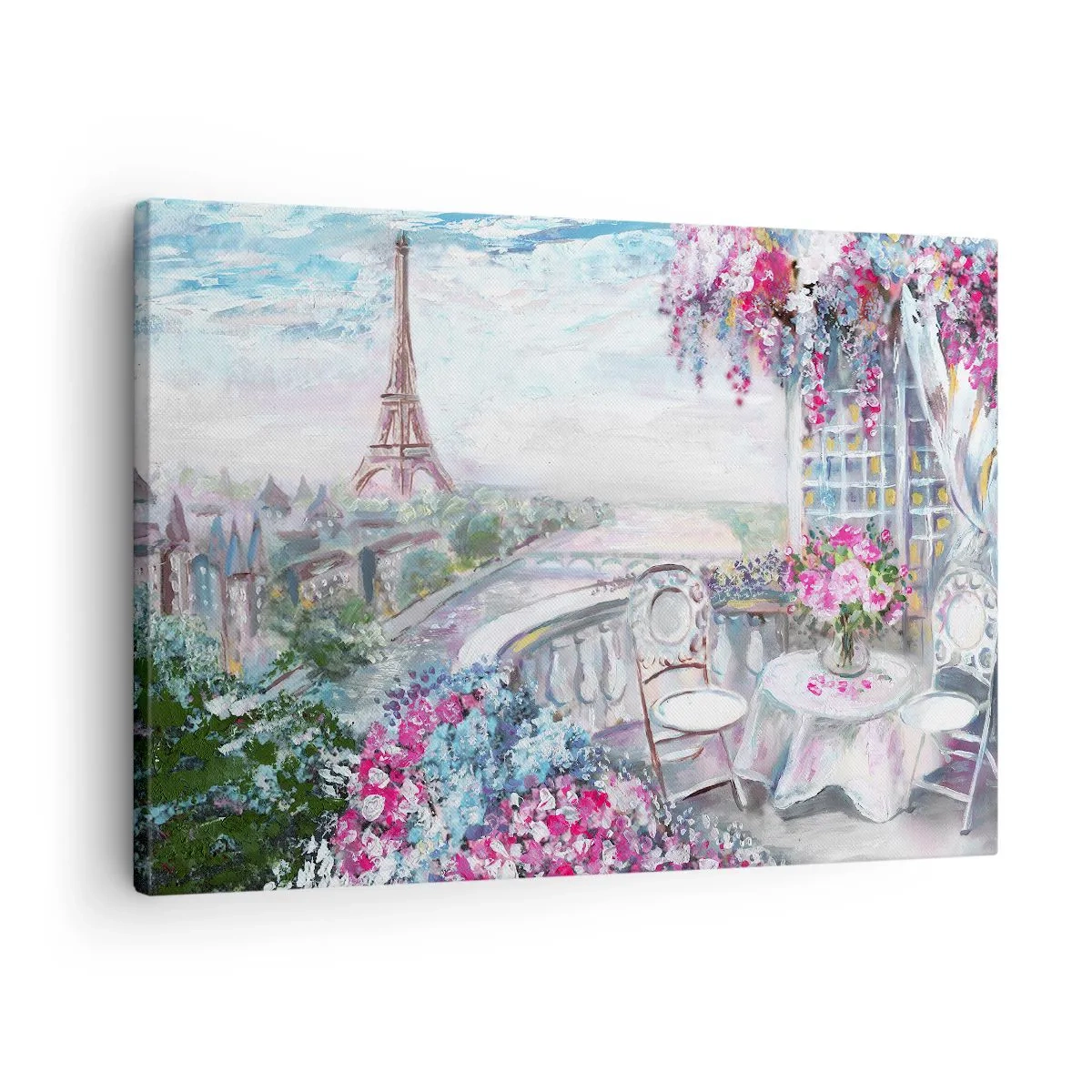 Bild auf Leinwand - Leinwandbild - Ein romantischer Blick auf Paris mit dem Eiffelturm und einem Balkon voller Blumen - 70x50cm - Am schönsten ist es hier im Mai - Moderne Wanddekoration für Wohnzimmer und Schlafzimmer ARTTOR