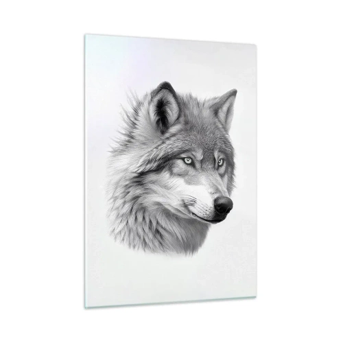Glasbild - Bild auf glas - Schwarz-Weiß-Porträt eines Wolfes mit durchdringendem Blick - 50x70cm - Alpha – ohne Zweifel - Moderne Wanddekoration für Wohnzimmer und Schlafzimmer ARTTOR