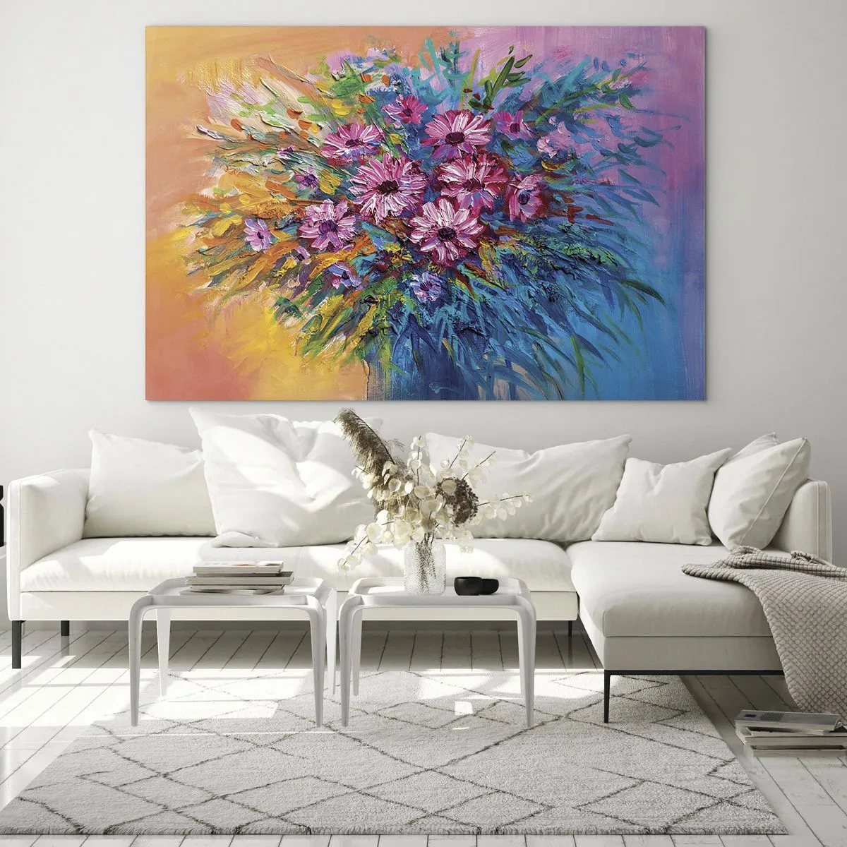 Glasbild - Bild auf glas - Ein Strauß rosa Blumen in einer kunstvollen, farbenfrohen Komposition - 100x70cm - Lebensenergie - Moderne Wanddekoration für Wohnzimmer und Schlafzimmer ARTTOR