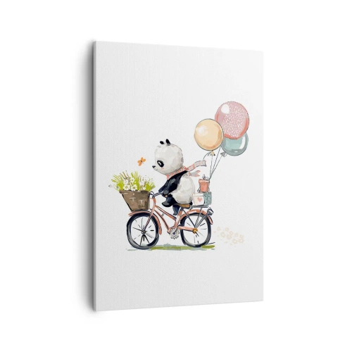 Bild auf Leinwand - Leinwandbild - Panda auf einem Fahrrad mit Luftballons und Blumen - 50x70cm - Glücklicher Tag - Moderne Wanddekoration für Wohnzimmer und Schlafzimmer ARTTOR