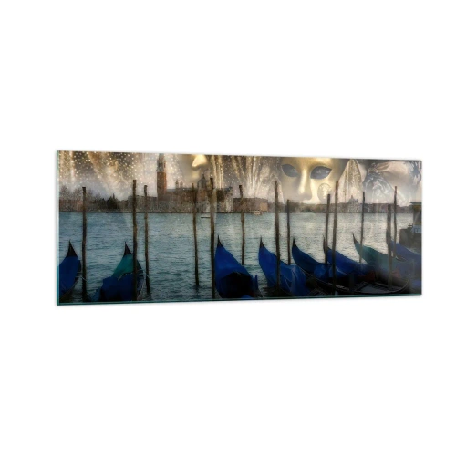 Glasbild - Bild auf glas - Venezianische Karnevalsmasken und Gondeln vor der Kulisse der Stadt und des Wassers - 140x50cm - Es ist Zeit, den Karneval zu starten - Moderne Wanddekoration für Wohnzimmer und Schlafzimmer ARTTOR