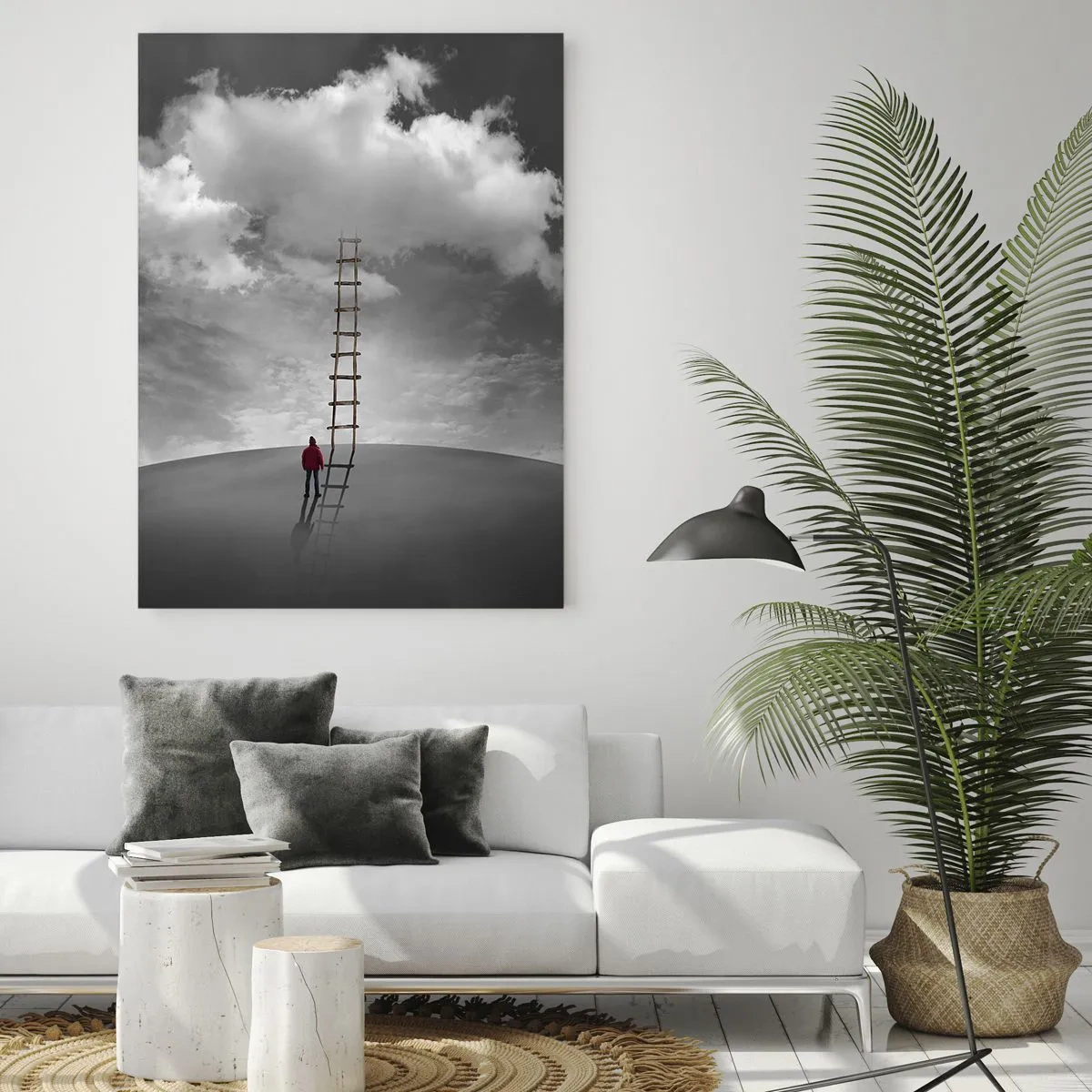 Glasbild - Bild auf glas - Eine Person in einem roten Mantel und eine Leiter, die zu einer Wolke führt - 70x100cm - Alles ist möglich - Moderne Wanddekoration für Wohnzimmer und Schlafzimmer ARTTOR