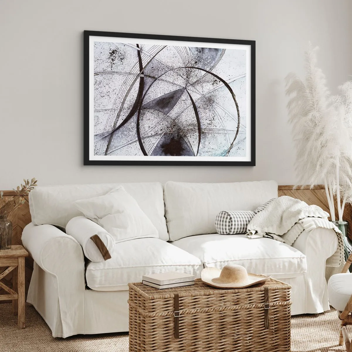 Poster in einem schwarzem Rahmen - Abstrakte Linien und Formen in Grau- und Schwarztönen - 70x50cm - Futuristische Fantasie - Moderne Wanddekoration für Wohnzimmer und Schlafzimmer ARTTOR