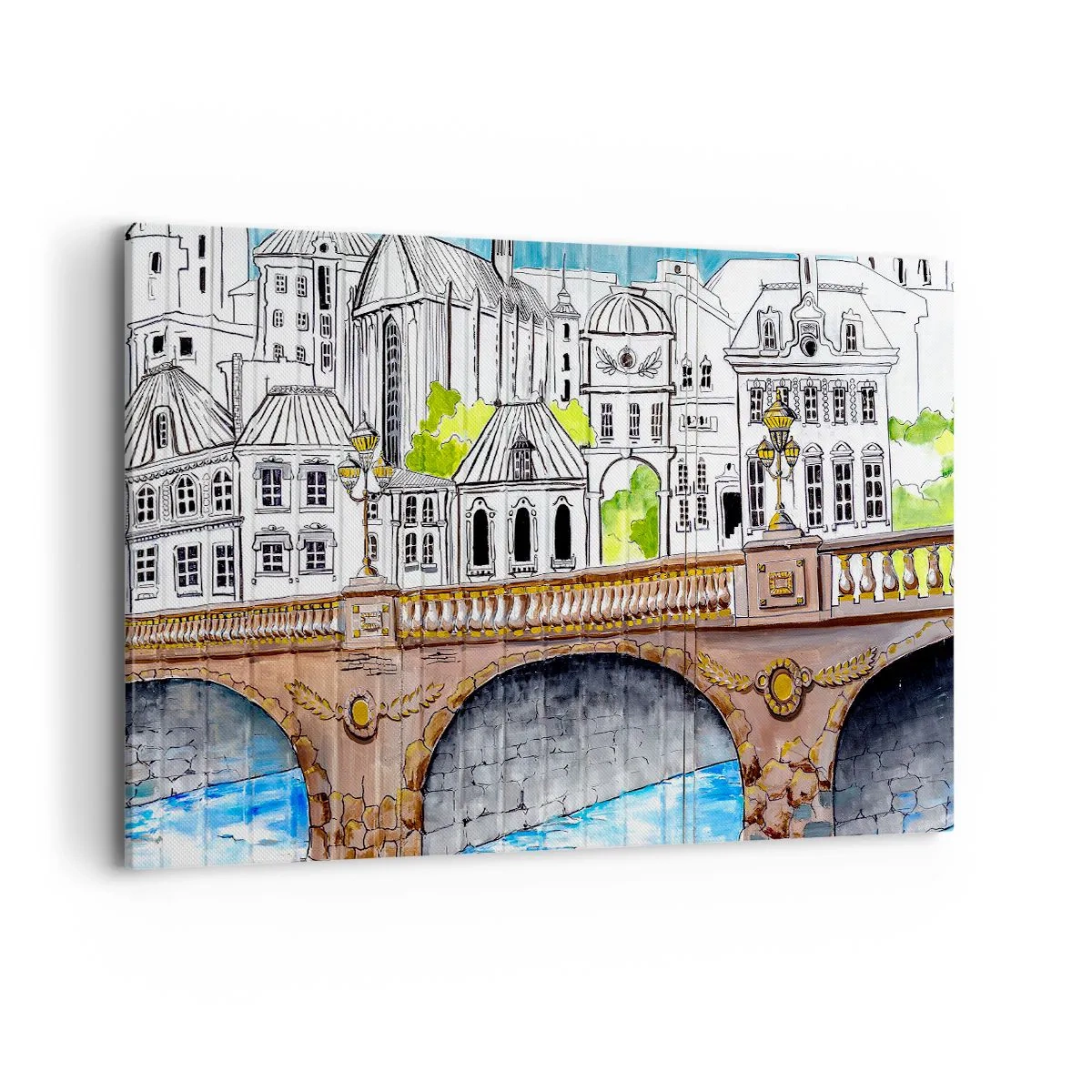 Bild auf Leinwand - Leinwandbild - Zeichnung der Brücke und historische Stadtarchitektur - 120x80cm - Die Stadt ist gemalt - Moderne Wanddekoration für Wohnzimmer und Schlafzimmer ARTTOR