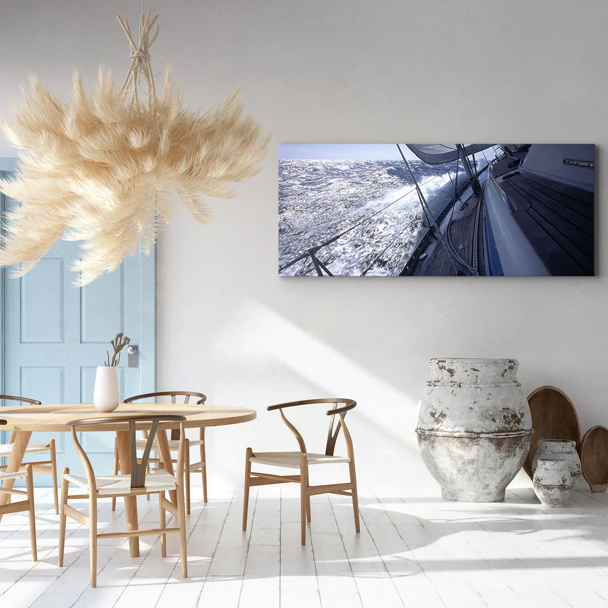 Bild auf Leinwand - Leinwandbild - Ein Segelboot in stürmischer See mit weißen Segeln und einem Holzdeck. - 120x50cm - Ich weiß was es heißt ein Vogel zu sein - Moderne Wanddekoration für Wohnzimmer und Schlafzimmer ARTTOR