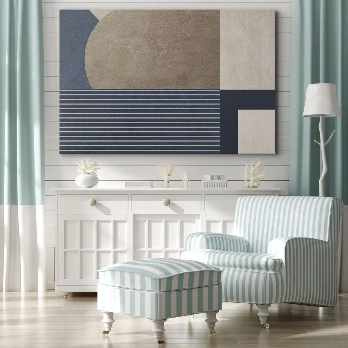 Bild auf Leinwand - Leinwandbild - Geometrische Figuren in Beige- und Marineblautönen mit Linien - 100x70cm - Komposition aus Einfachheit und Rundheit - Moderne Wanddekoration für Wohnzimmer und Schlafzimmer ARTTOR