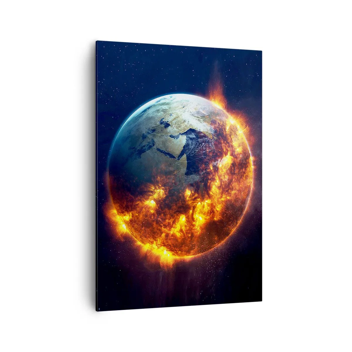 Bild auf Leinwand - Leinwandbild - Der Planet Erde brennt im Weltraum - 70x100cm - Die Flamme der Apokalypse - Moderne Wanddekoration für Wohnzimmer und Schlafzimmer ARTTOR