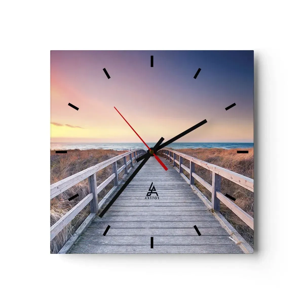 Wanduhr - Glasuhr - Ein Holzsteg führt bei Sonnenuntergang zum Strand, der Himmel ist in Pastellfarben gemalt. - 30x30cm - Baltische Abend-Aurora - Moderne Wanddekoration für Wohnzimmer und Schlafzimmer ARTTOR