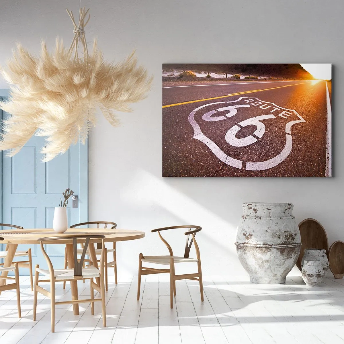 Bild auf Leinwand - Leinwandbild - Route 66 bei Sonnenuntergang - 70x50cm - Die berühmte Straße 66 - Moderne Wanddekoration für Wohnzimmer und Schlafzimmer ARTTOR
