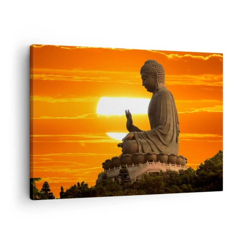 Bild auf Leinwand - Leinwandbild - Eine buddhistische Statue vor dem Hintergrund eines orangefarbenen Sonnenuntergangs - 70x50cm - Keine Angst vor der Welt - Moderne Wanddekoration für Wohnzimmer und Schlafzimmer ARTTOR