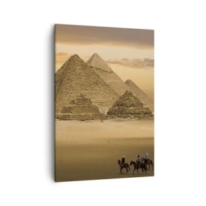 Bild auf Leinwand - Leinwandbild - Pyramiden in Ägypten bei Sonnenuntergang mit Reitern auf Pferden - 50x70cm - Seit Tausenden von Jahren keine Veränderung - Moderne Wanddekoration für Wohnzimmer und Schlafzimmer ARTTOR