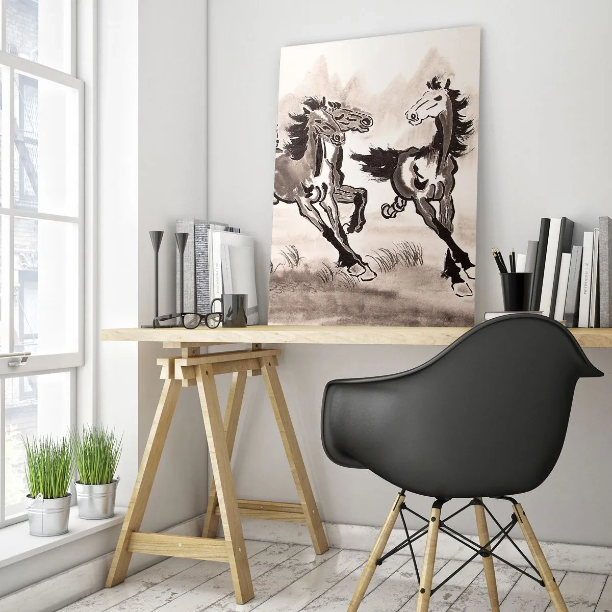 Glasbild - Bild auf glas - Eine Gruppe galoppierender Pferde im chinesischen Stil - 50x70cm - In freudigem Galopp - Moderne Wanddekoration für Wohnzimmer und Schlafzimmer ARTTOR