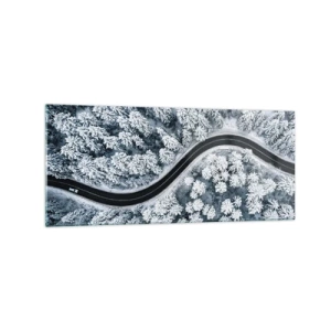 Glasbild - Bild auf glas - Eine Vogelperspektive auf eine kurvenreiche Straße in einem Winterwald - 120x50cm - Durch den Winterwald - Moderne Wanddekoration für Wohnzimmer und Schlafzimmer ARTTOR
