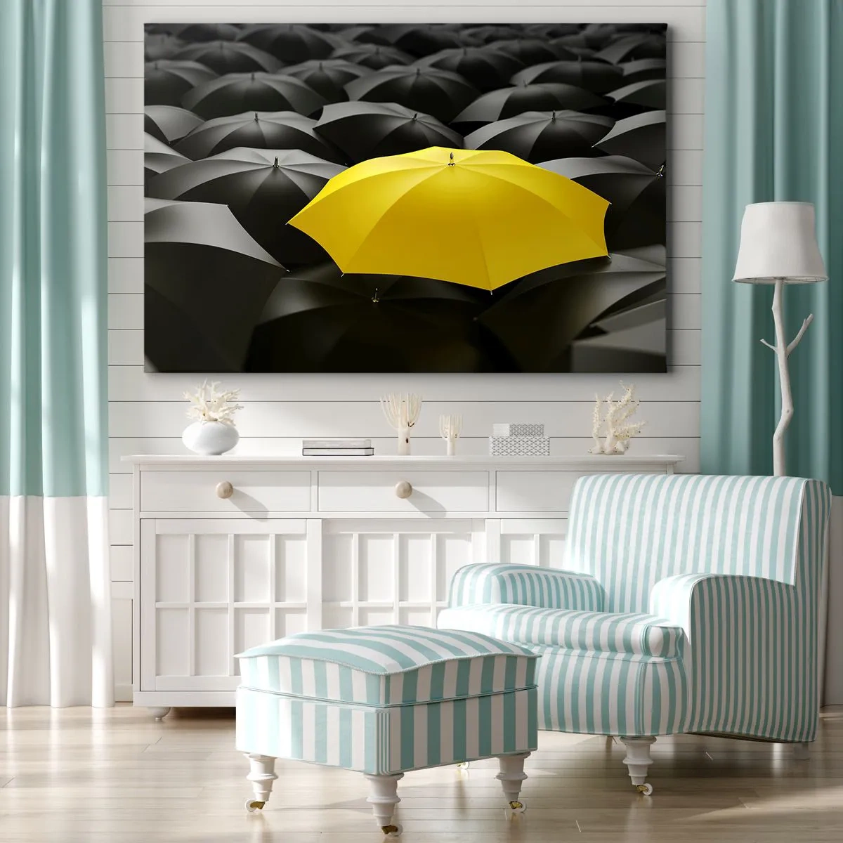 Bild auf Leinwand - Leinwandbild - Ein gelber Regenschirm zwischen schwarzen Regenschirmen - 120x80cm - Auf Wiedersehen Trauer - Moderne Wanddekoration für Wohnzimmer und Schlafzimmer ARTTOR