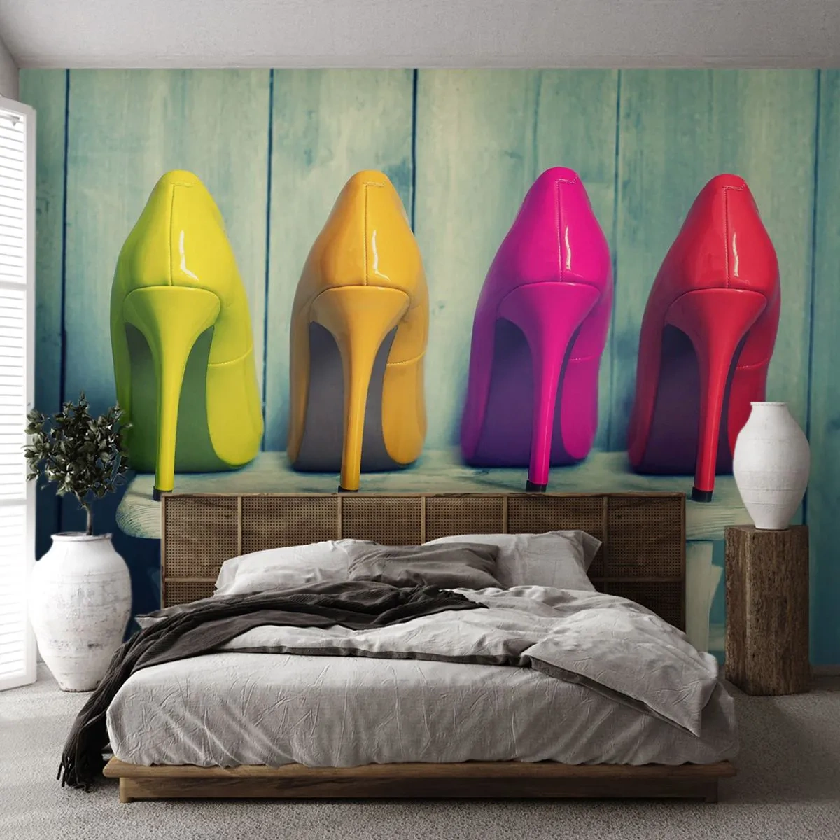 Fototapete Premium Canvas - Spazierengehen auf dem Regenbogen - Mode, Frau, Frauen Schuhe - 300x210 cm