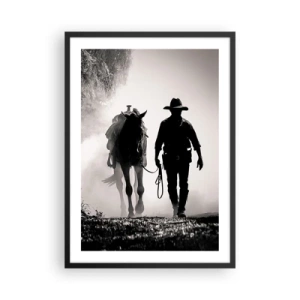 Poster in einem schwarzem Rahmen - Silhouette eines Cowboys mit seinem Pferd im Morgennebel - 50x70cm - Texas-Morgen - Moderne Wanddekoration für Wohnzimmer und Schlafzimmer ARTTOR