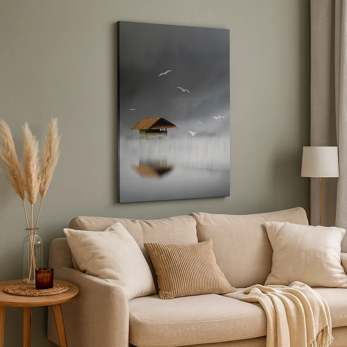 Bild auf Leinwand - Leinwandbild - Ein einsames Häuschen am Wasser, umgeben von Nebel und Vögeln - 50x70cm - Schutz vor Regen - Moderne Wanddekoration für Wohnzimmer und Schlafzimmer ARTTOR