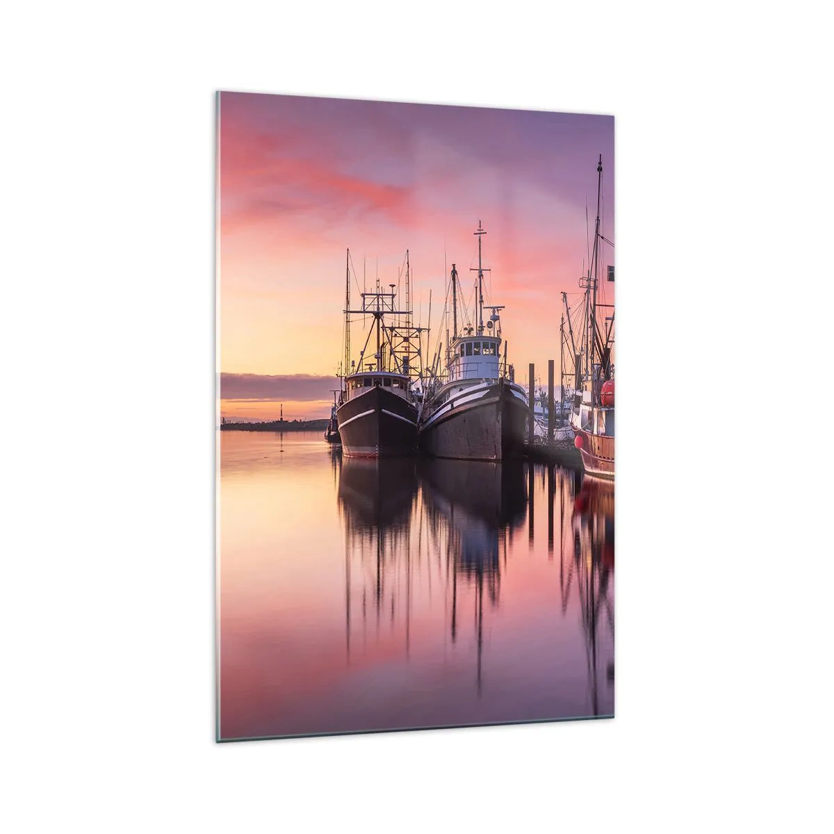 Glasbild - Bild auf glas - Fischerboote im Hafen bei Sonnenuntergang - 70x100cm - Vor dem nächsten Tag - Moderne Wanddekoration für Wohnzimmer und Schlafzimmer ARTTOR