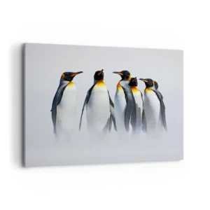 Bild auf Leinwand - Leinwandbild - Eine Gruppe Kaiserpinguine im Winternebel - 100x70cm - Treffen in Abendkleidern - Moderne Wanddekoration für Wohnzimmer und Schlafzimmer ARTTOR