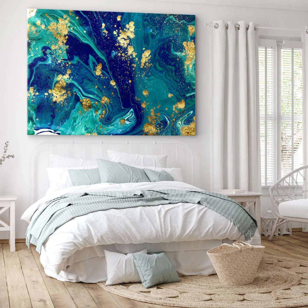 Bild auf Leinwand - Leinwandbild - Eine abstrakte Komposition mit blauen, grünen und goldenen Akzenten. - 100x70cm - Die Blütenblätter der Sonne - Moderne Wanddekoration für Wohnzimmer und Schlafzimmer ARTTOR