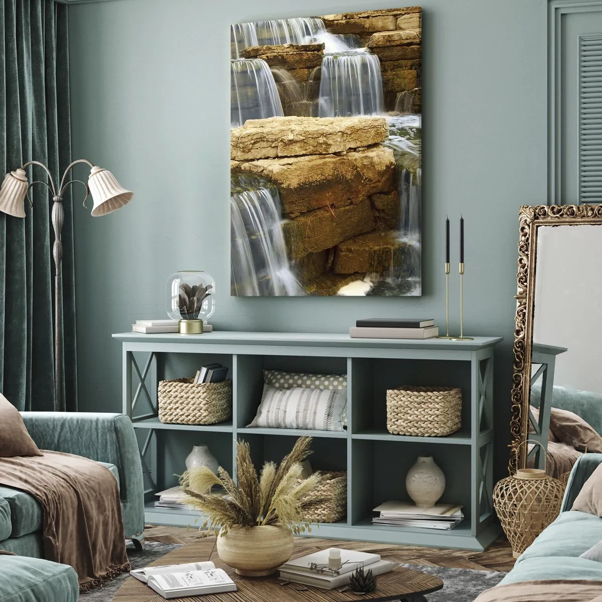 Bild auf Leinwand - Leinwandbild - Ein Wasserfall, der Steinstufen hinunterfließt - 80x120cm - Treppe zum Himmel - Moderne Wanddekoration für Wohnzimmer und Schlafzimmer ARTTOR