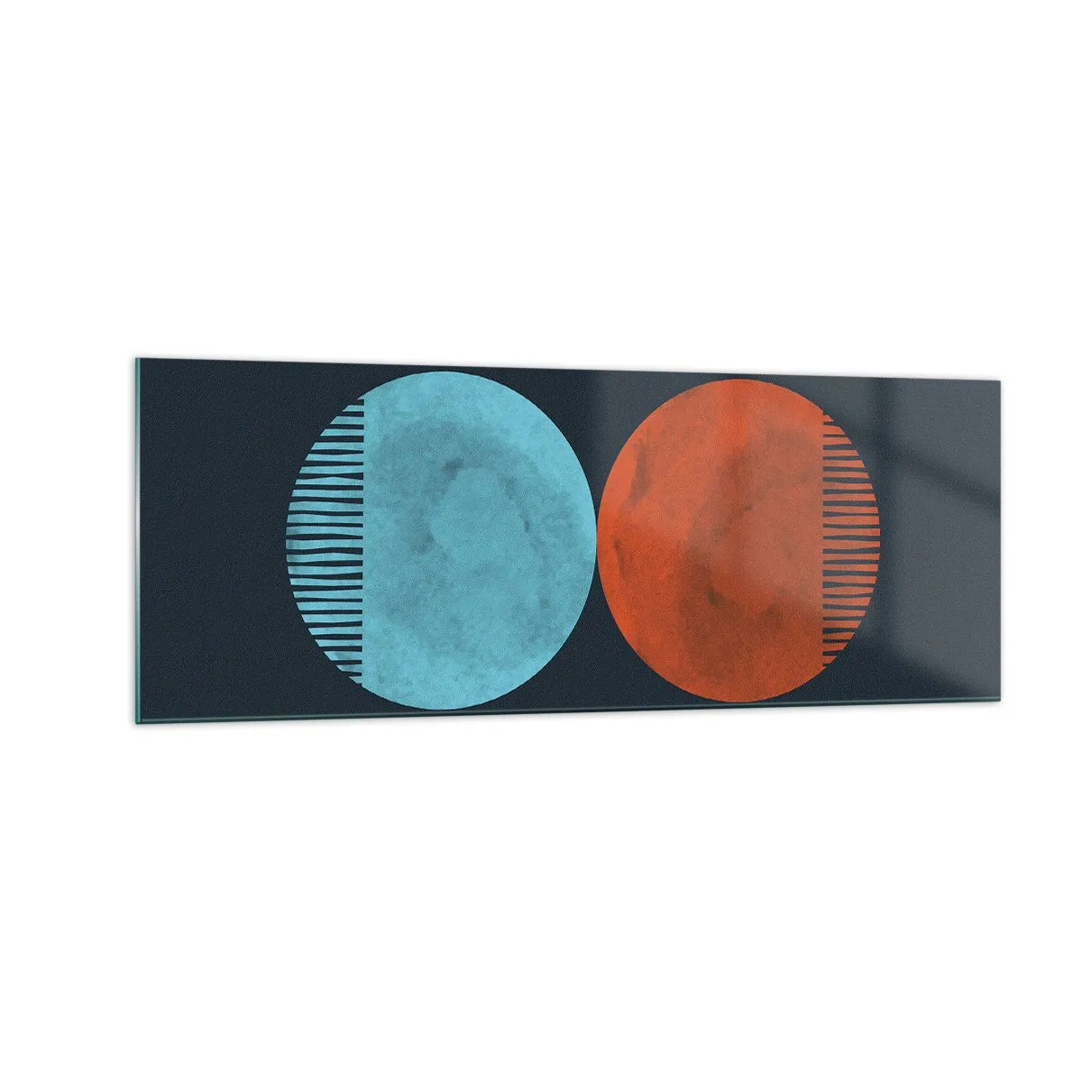 Glasbild - Bild auf glas - Minimalistisches Zweirad-Design in Blau und Orange - 140x50cm - Nur Geometrie? - Moderne Wanddekoration für Wohnzimmer und Schlafzimmer ARTTOR