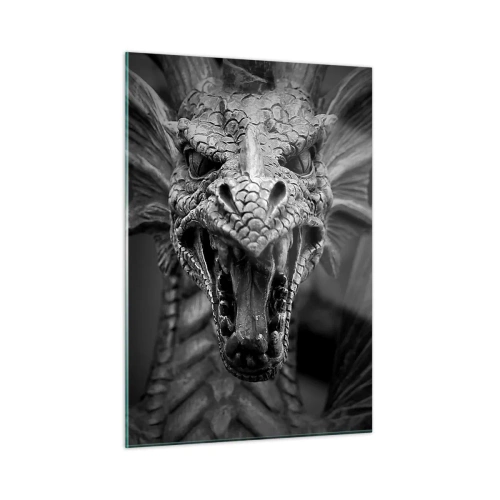 Glasbild - Bild auf glas - Detailliertes Porträt eines Drachen in Schwarzweiß - 50x70cm - Ein märchenhafter Drache in Grau - Moderne Wanddekoration für Wohnzimmer und Schlafzimmer ARTTOR