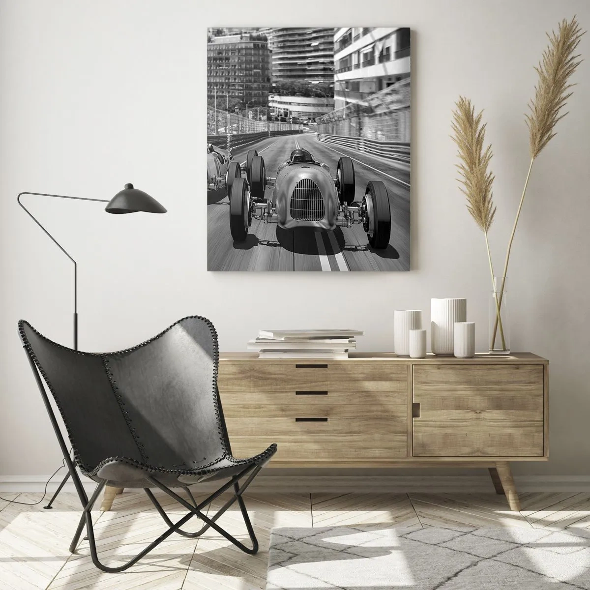 Glasbild - Bild auf glas - Historisches Autorennen in Schwarz-Weiß - 50x70cm - Vor langer Zeit in Monte Carlo - Moderne Wanddekoration für Wohnzimmer und Schlafzimmer ARTTOR