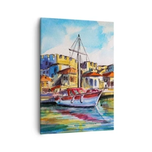 Bild auf Leinwand - Leinwandbild - Ein malerischer Hafen mit einem Boot und farbenfrohen Gebäuden - 50x70cm - Regenbogennachmittag - Moderne Wanddekoration für Wohnzimmer und Schlafzimmer ARTTOR