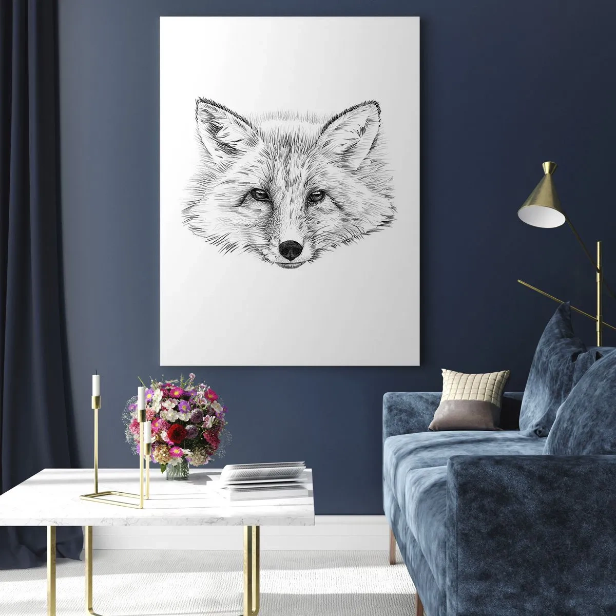 Glasbild - Bild auf glas - Schwarz-weiße Zeichnung eines Fuchskopfes auf weißem Hintergrund - 70x100cm - Können diese Augen lügen? - Moderne Wanddekoration für Wohnzimmer und Schlafzimmer ARTTOR