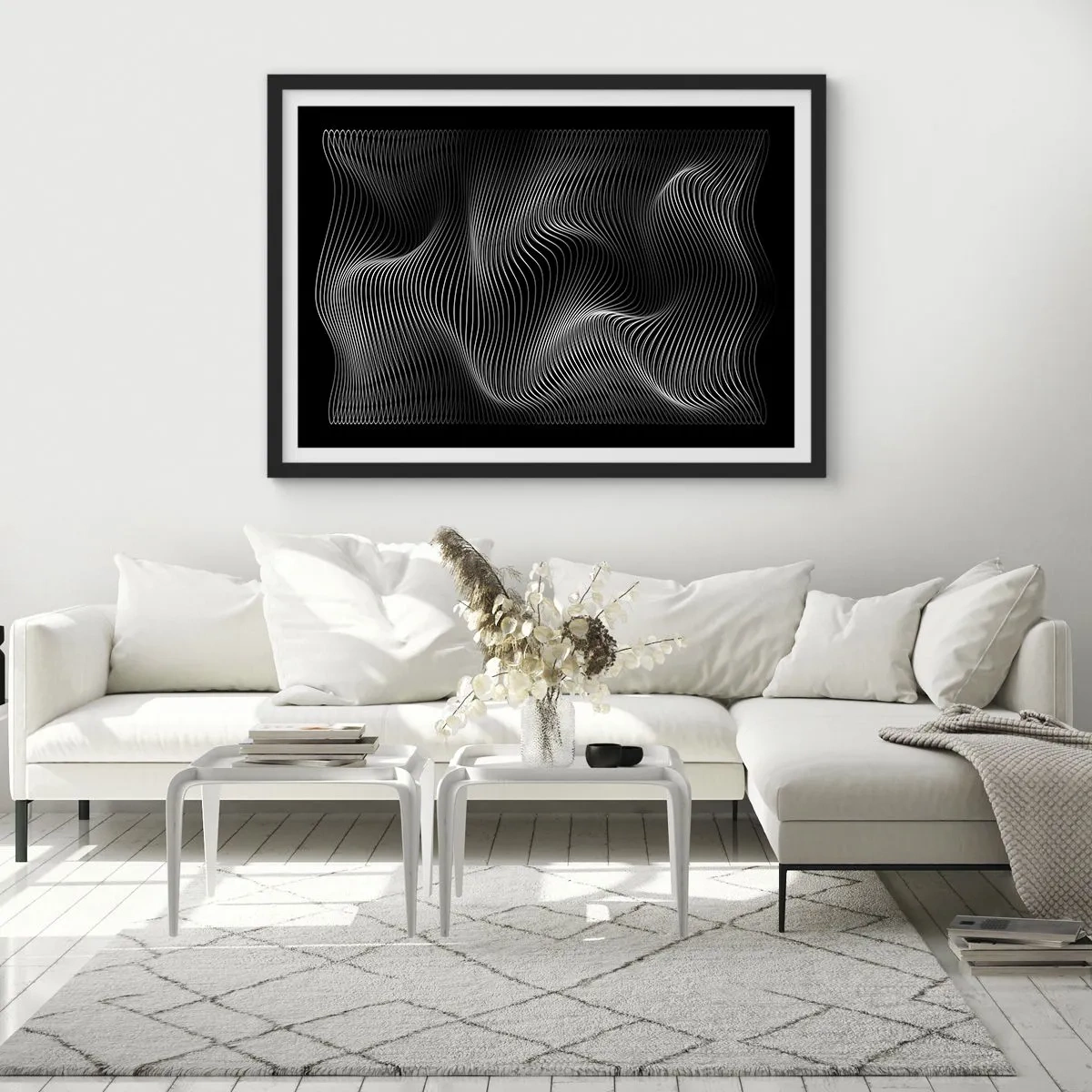 Poster in einem schwarzem Rahmen - Abstrakte weiße Linien auf schwarzem Hintergrund - 70x50cm - Lichttanz im Raum - Moderne Wanddekoration für Wohnzimmer und Schlafzimmer ARTTOR
