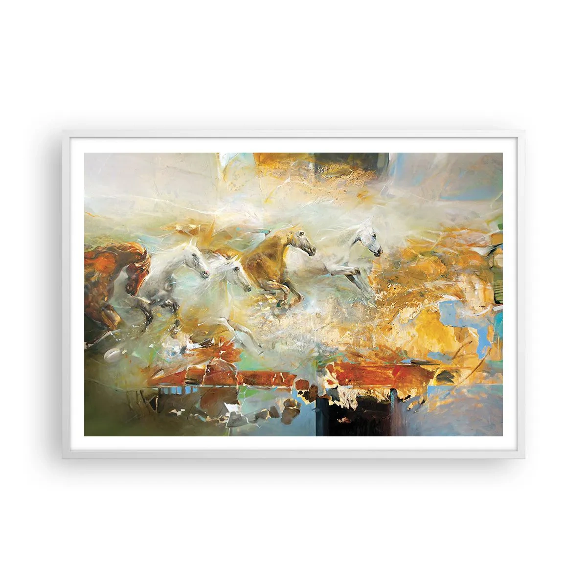 Poster in einem weißen Rahmen - Im Galopp durch das Licht - 100x70 cm