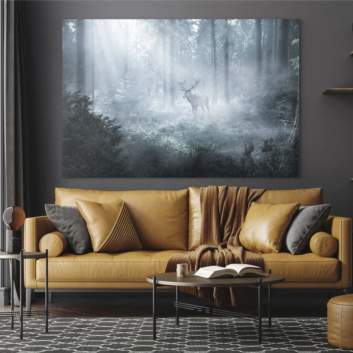 Glasbild - Bild auf glas - Ein Hirsch in einem nebligen Wald, beleuchtet von den Strahlen der Morgensonne - 120x80cm - Morgenvisite auf dem Grundstück - Moderne Wanddekoration für Wohnzimmer und Schlafzimmer ARTTOR