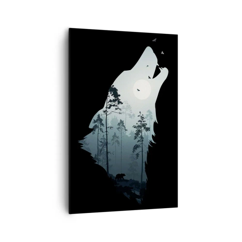 Bild auf Leinwand - Leinwandbild - Silhouette eines Wolfes mit Wald und Mond im Hintergrund - 80x120cm - Die Stimme der Waldnacht - Moderne Wanddekoration für Wohnzimmer und Schlafzimmer ARTTOR