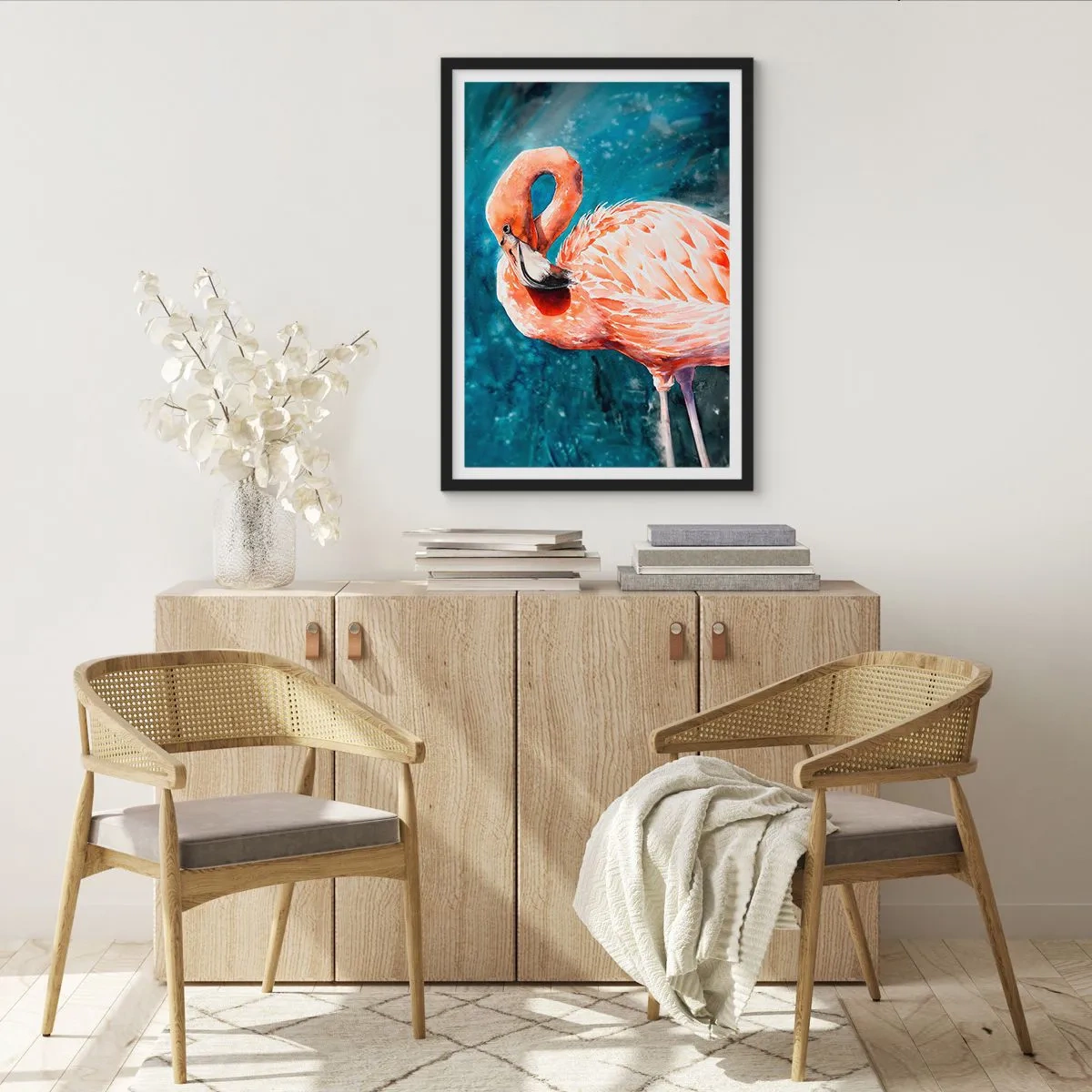 Poster in einem schwarzem Rahmen - Ein Aquarell-Flamingo vor einem türkisfarbenen Wasserhintergrund - 50x70cm - Von Natur aus dekorativ - Moderne Wanddekoration für Wohnzimmer und Schlafzimmer ARTTOR