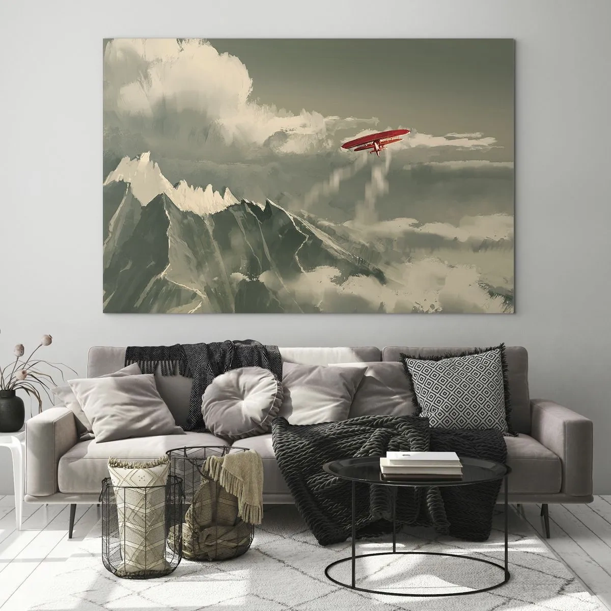 Glasbild - Bild auf glas - Ein rotes Flugzeug fliegt über schneebedeckte Berge - 120x80cm - Furchtloser Pionier - Moderne Wanddekoration für Wohnzimmer und Schlafzimmer ARTTOR