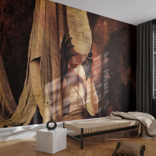 Fototapete Premium Canvas - Eine Frau mit Schleier und geheimnisvollem Styling vor dunklem Hintergrund - 100x70cm - Zwischen Gut und Böse - Moderne Wanddekoration für Wohnzimmer und Schlafzimmer ARTTOR