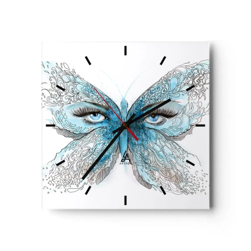 Wanduhr - Glasuhr - Künstlerisches Aquarell eines Schmetterlings mit blauen Augen - 30x30cm - Eros Blaumeise - Moderne Wanddekoration für Wohnzimmer und Schlafzimmer ARTTOR