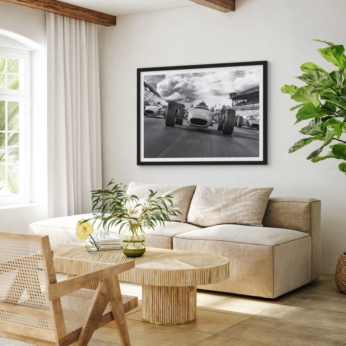 Poster in einem schwarzem Rahmen - Oldtimerrennen in Bewegung - 70x50cm - Power ist da! - Moderne Wanddekoration für Wohnzimmer und Schlafzimmer ARTTOR