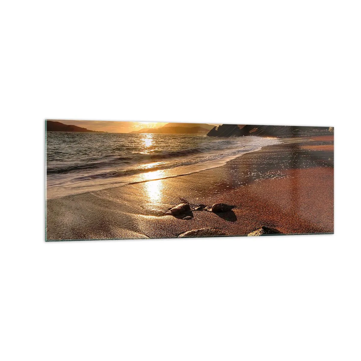 Glasbild - Bild auf glas - Strand bei Sonnenuntergang mit Steinen am Ufer - 140x50cm - Folge der Sonne zu den Hügeln - Moderne Wanddekoration für Wohnzimmer und Schlafzimmer ARTTOR