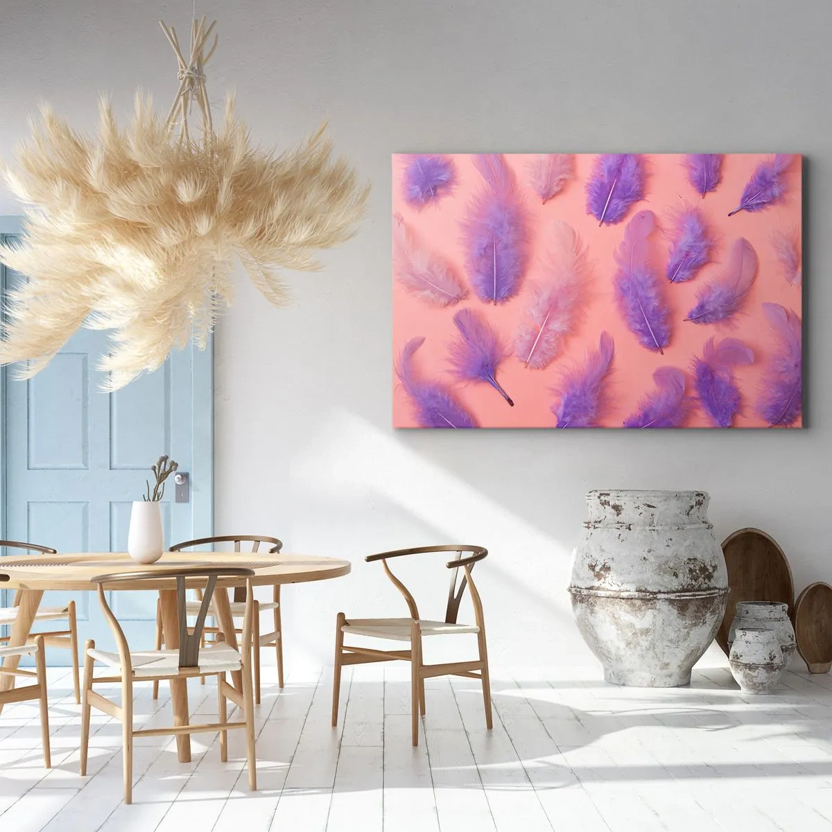 Bild auf Leinwand - Leinwandbild - Lila und rosa Federn auf pastellfarbenem Hintergrund - 70x50cm - Lila Vogel der Begierde - Moderne Wanddekoration für Wohnzimmer und Schlafzimmer ARTTOR